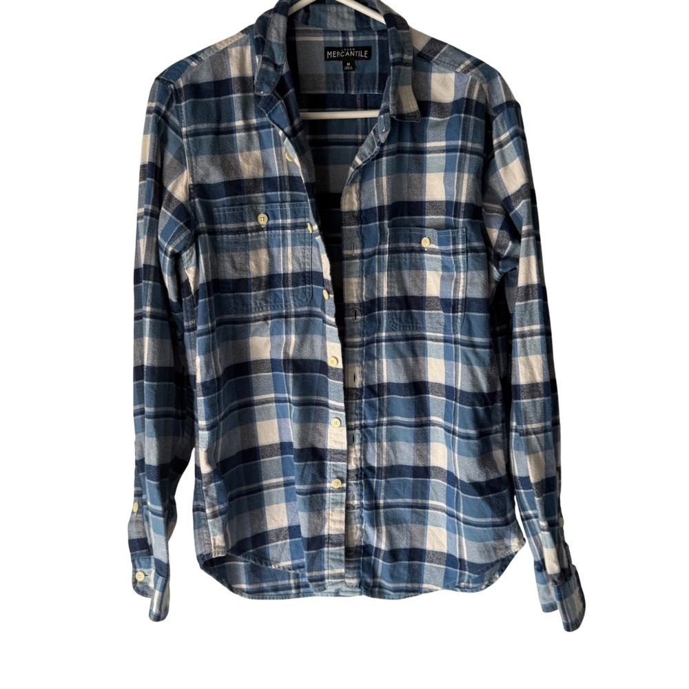 J.Crew Mercantile Mens Blue Plaid Cotton Flannel Button Down Shirt Outdoor Cabin